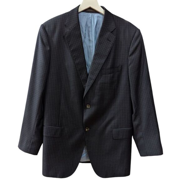 J. Hilburn Men's 45R Classic Fit Micro Check Navy Wool Blazer Two Button - Picture 1 of 8